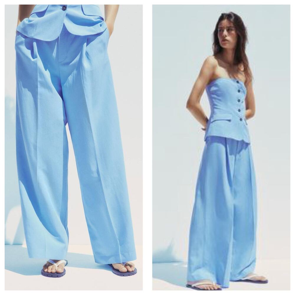 Zara Baby Blue Wide Leg Pleated Linen Trousers Size Medium 3152/433 Chic Preppy
